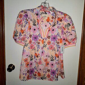 NWT UMGEE Floral Split Neck Women's Top Puff Sleeves Striped Trim Size S